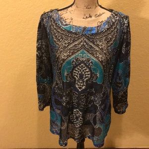 JPR 3/4 sleeve, black/blue lace blouse, XL, EUC | offer in description